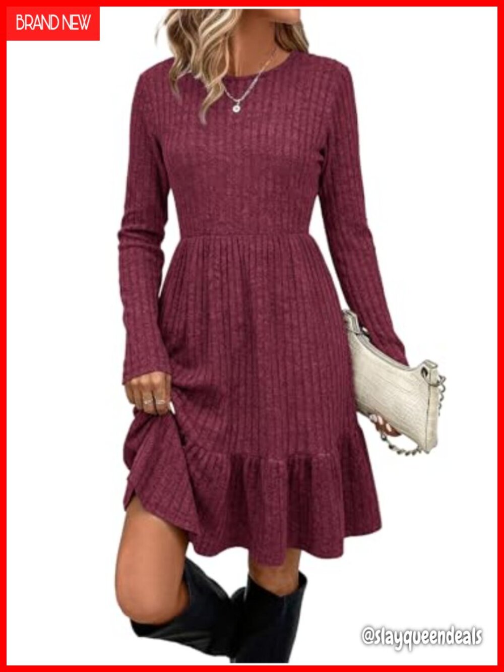 Women's Long Sleeve Ribbed Knit Sweater Midi Dress A-Line Ruffled